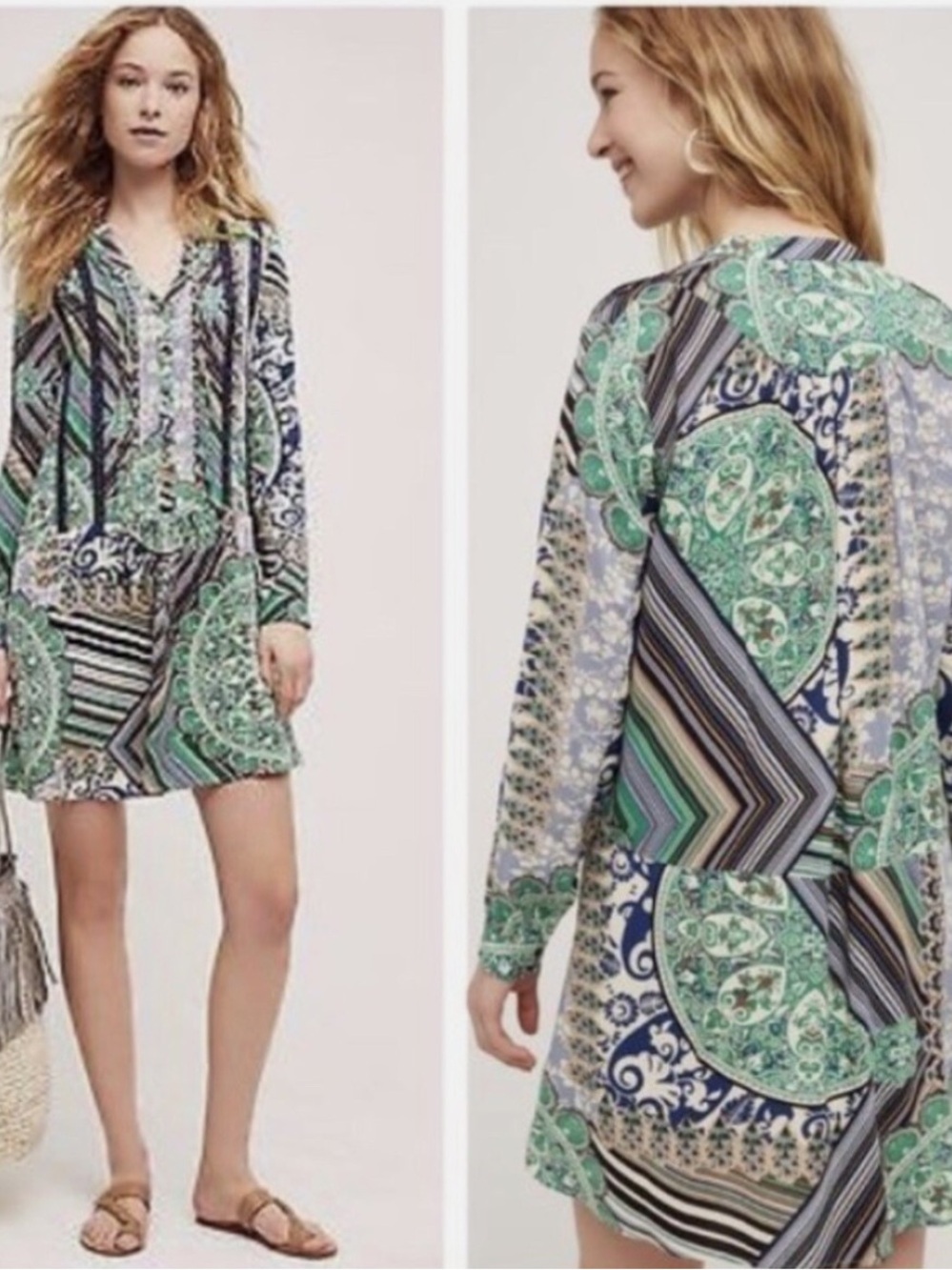 Tiny / Anthropologie Caviana Green Paisley Button-Front Drop Waist Dress Size M - Picture 2 of 13